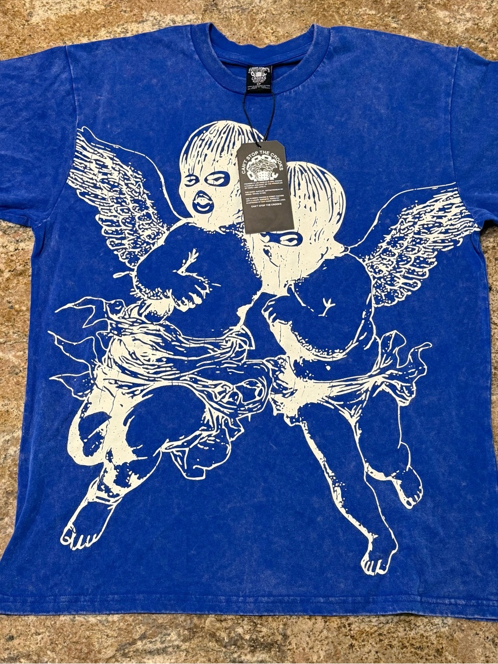 Crooks & Castle Men’s Blue Distressed cherub tshirt Small